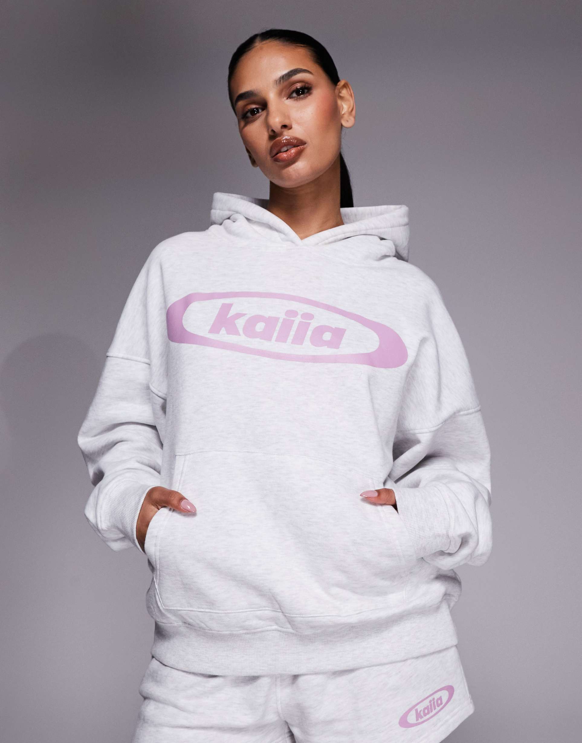 kaiia studio cotton rich printed logo oversized hoodie in gray and lilac - part of a set