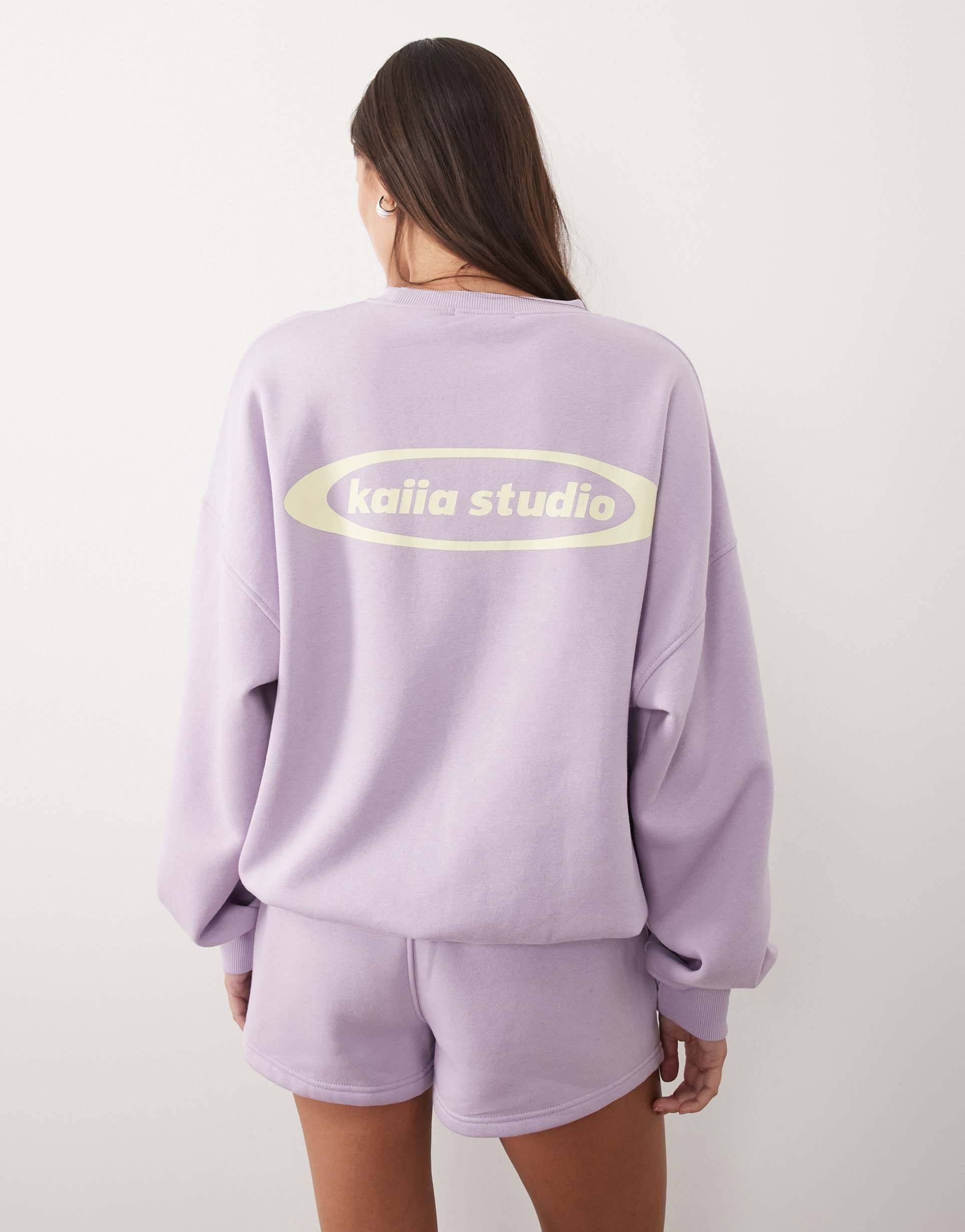 kaiia studio cotton rich printed logo oversized sweatshirt in lilac and lemon - part of a set