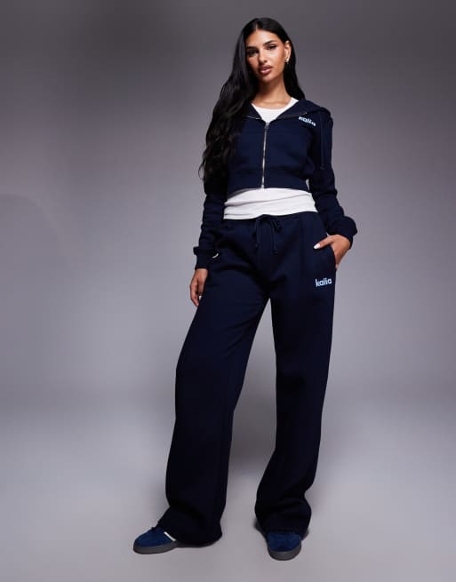Kaiia Studio cotton rich star logo graphic zip through cropped hoodie co-ord in navy, 2 of 4