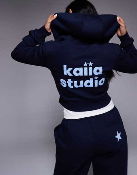 Kaiia Studio cotton rich star logo graphic zip up cropped hoodie in navy - part of a set - view 1