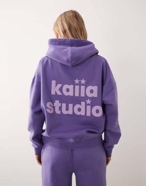 Kaiia Studio cotton rich star logo oversized hoodie in purple and lilac - part of a set - view 1