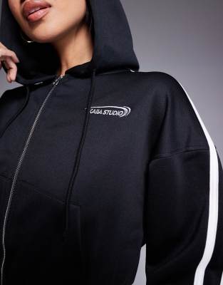 Kaiia Studio Cropped Side Stripe Zip Up Hoodie In Black