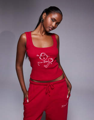 Kaiia Studio - Débardeur d'ensemble en coton mélangé avec broderie cadenas et clé - Rouge/rose-Multicolore