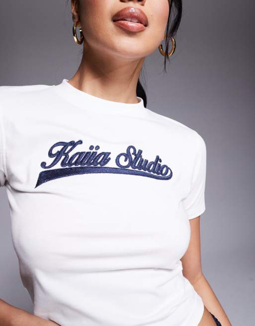Kaiia Studio embroidered logo baby tee in cream & navy - part of a set