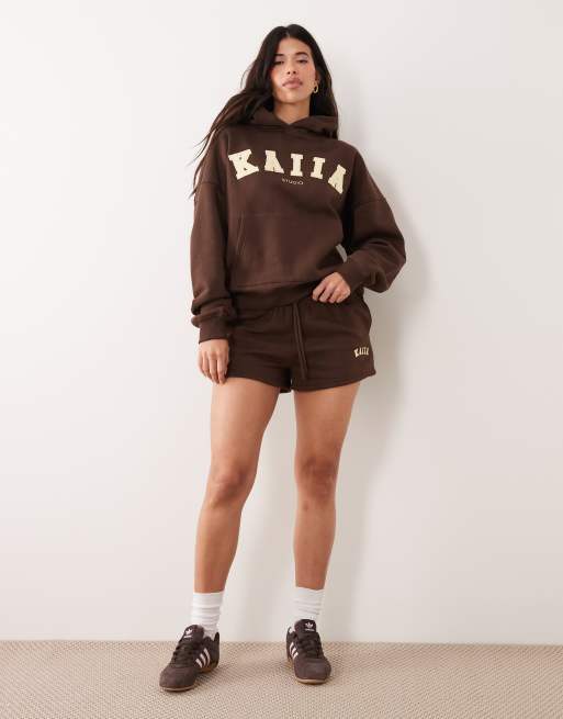 Kaiia Studio embroidered logo oversized hoodie co-ord in chocolate and lemon, 2 of 4
