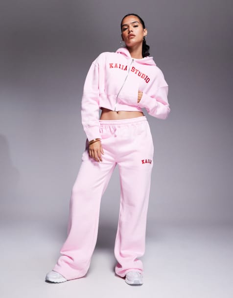 Kaiia Studio embroidered logo zip up cropped hoodie and wide leg joggers co-ord in baby pink and red - view 1