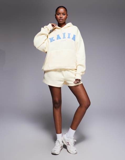 Kaiia - Studio - Ensemble sweat à capuche oversize à logo brodé et short - Citron et marron - view 1