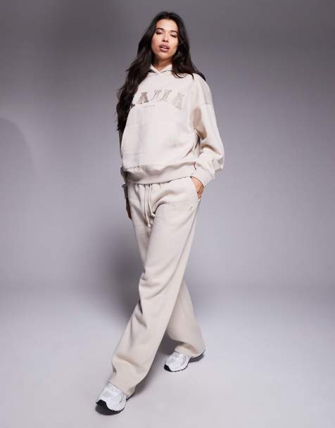 Kaiia - Studio - Felpa con cappuccio oversize e joggers beige con logo ricamato - view 1