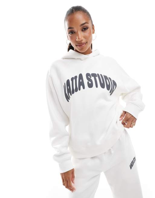 Kaiia - Studio - Felpa con cappuccio oversize écru con logo in coordinato
