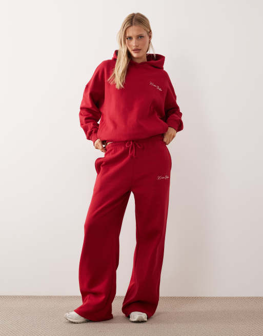 Kaiia Studio - Felpa con cappuccio oversize misto cotone rossa e rosa con lucchetto e chiave ricamati sul retro in coordinato, 4 di 4
