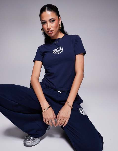 Kaiia Studio high neck baby tee co-ord in navy - view 1