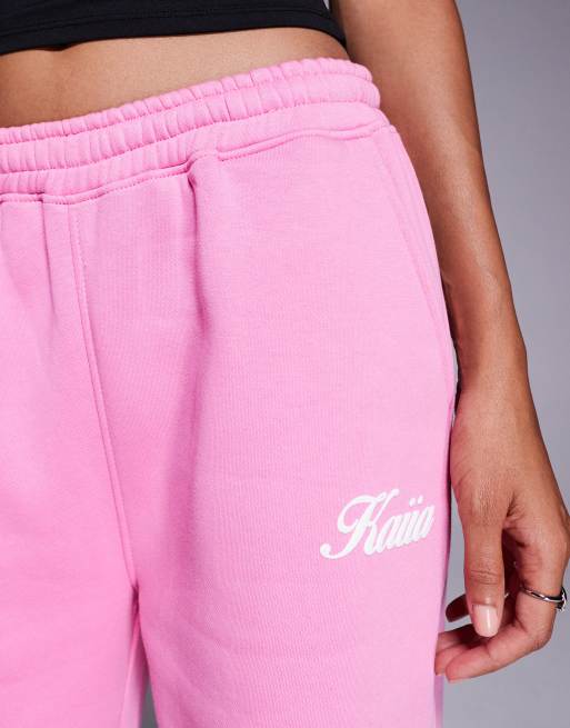 Kaiia - Studio - Joggers a fondo ampio in misto cotone rosa con stampa di ciliegie sulla tasca in coordinato, 5 di 5