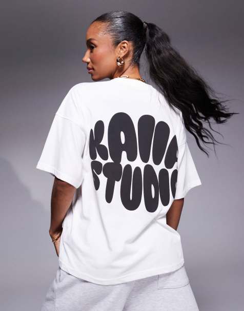 Kaiia cotton rich Studio oversized bubble logo back print t-shirt in cream and black  