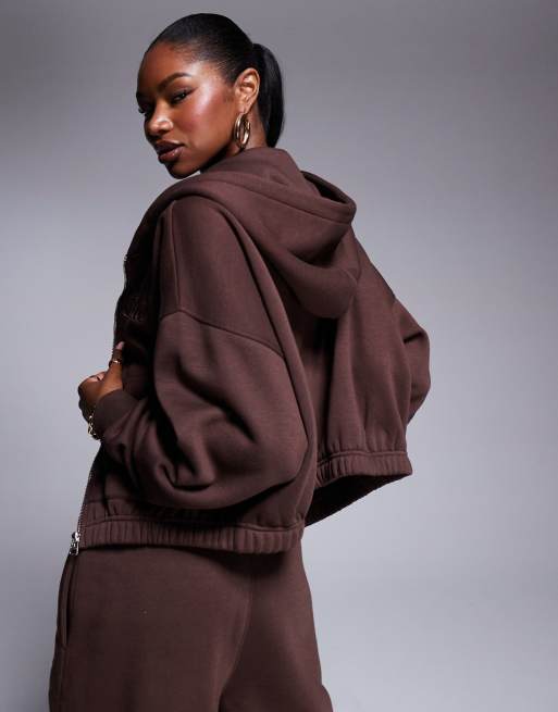 Kaiia Studio logo zip through cropped hoodie co-ord in chocolate
