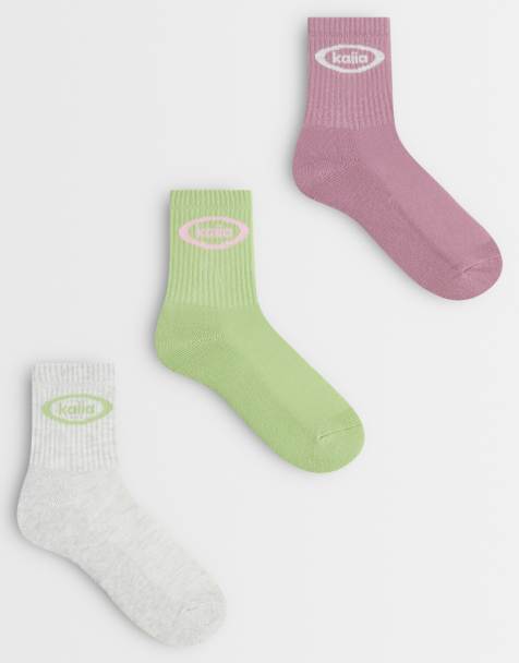 Kaiia Studio - Lot de 3 paires de chaussettes en coton à logo - Gris/vert/rose - view 1