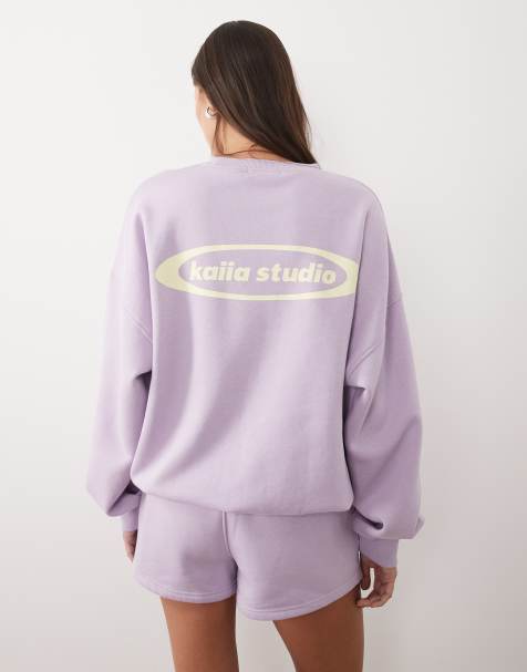 Kaiia - Studio - Lyslilla oversized sweatshirt med citrongult logoprint i bomuldsrigt stof - Del af sæt - view 1