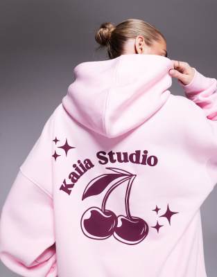 Kaiia Studio Oversized Contrast Cherry Back Print Hoodie In Pink