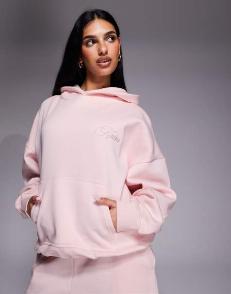 Kaiia - Studio - Oversized hoodie met logo in reliëf op de rug in zacht aardbeienroze, deel van co-ord set - view 1