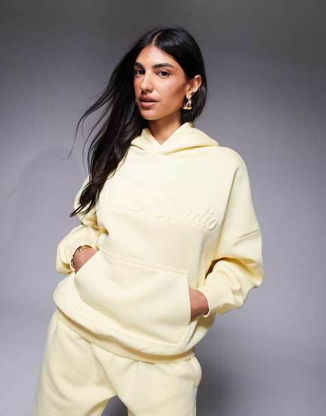 Kaiia - Studio - Oversized hoodie van katoenmix met logo in reliëf in geel, deel van co-ord set - view 1