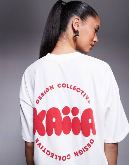 Kaiia - Studio - Oversized T-shirt met bubbellogo en print in wit en rood