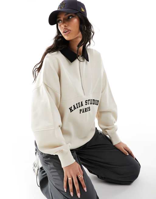 Kaiia - Studio Paris - Felpa color crema con zip corta e colletto a contrasto