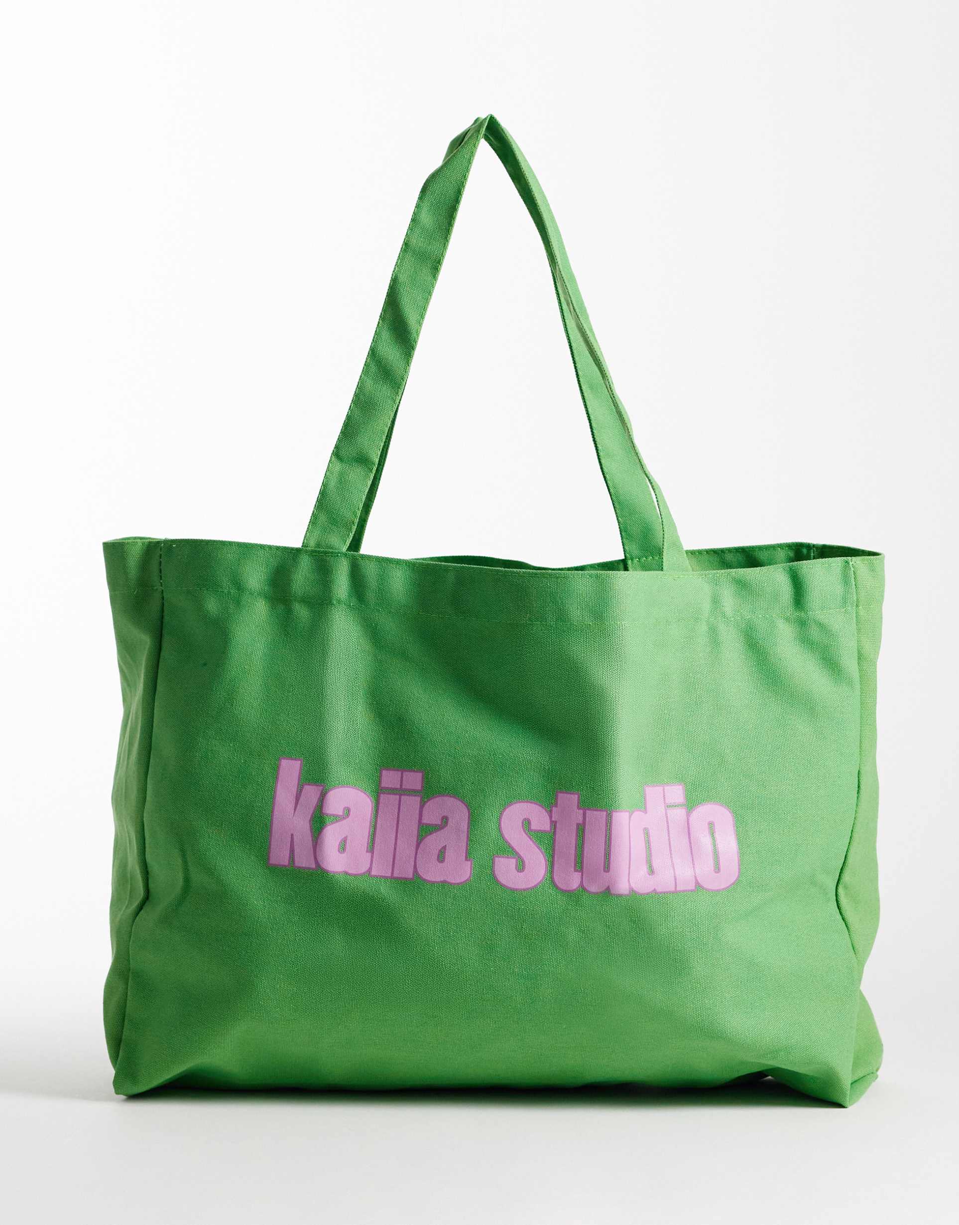 kaiia studio printed logo canvas tote bag in green and pink