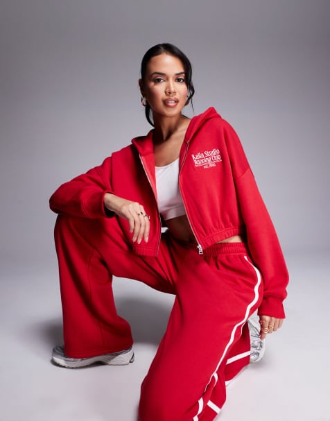 Kaiia – Studio Running Club – Cropped-Kapuzenpullover aus Baumwollmix in Rot mit Reißverschluss, Kombiteil - view 1