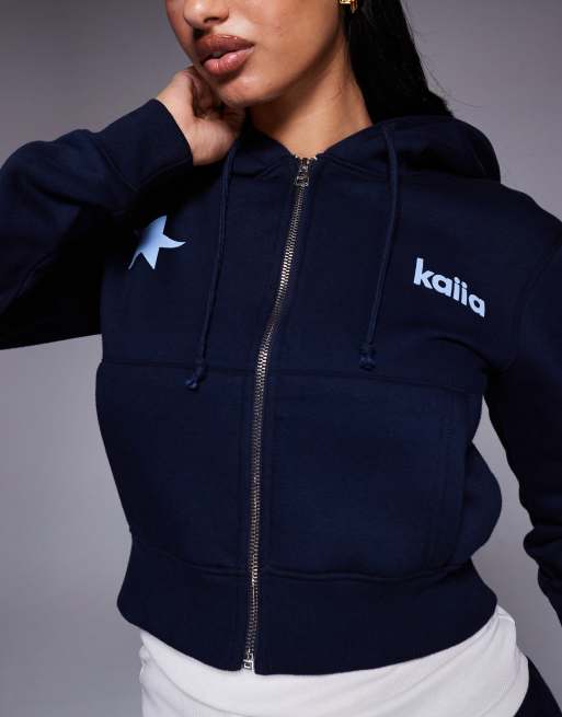 Kaiia - Studio - Sweat à capuche d'ensemble court en coton mélangé avec fermeture éclair et logo à étoiles - Bleu marine, 3 de 4