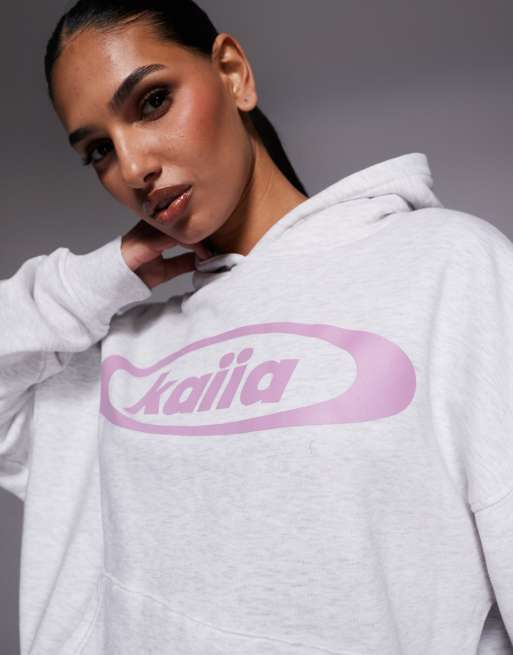Kaiia Studio - Sweat à capuche d'ensemble oversize en coton mélangé avec logo imprimé - Gris/lilas, 2 de 4