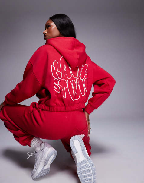 Kaiia - Studio - Sweat à capuche d'ensemble zippé en coton mélangé avec imprimé logo bulle au dos - Rouge - view 1