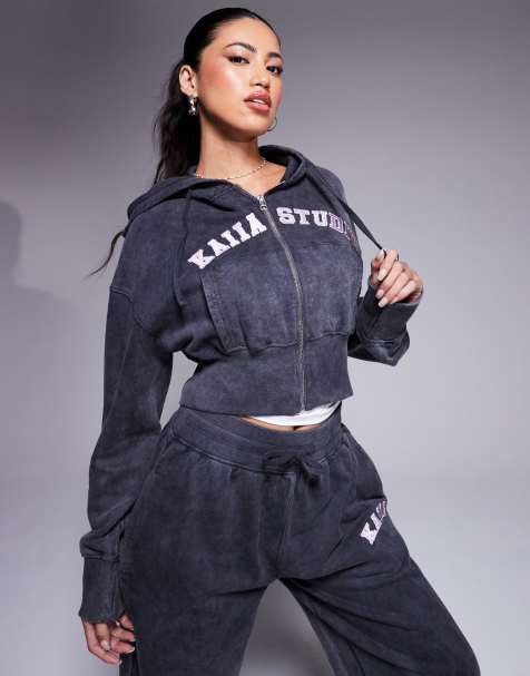 Kaiia - Studio - Sweat à capuche d'ensemble zippé et ajusté - Gris délavé et rose - view 1