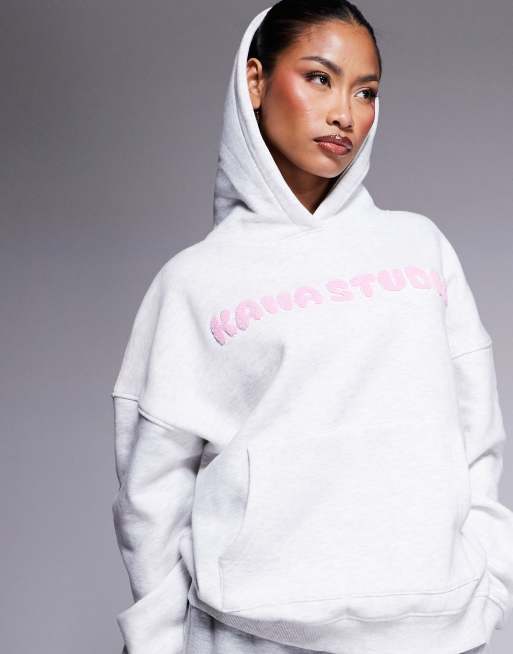 Kaiia – Studio – Szaro-różowa bluza oversize z kapturem i logo ze sztucznego kożuszka