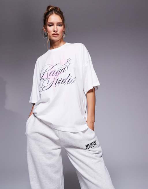 Kaiia - Studio - T-shirt bianca e rosa con stelle ricamate 