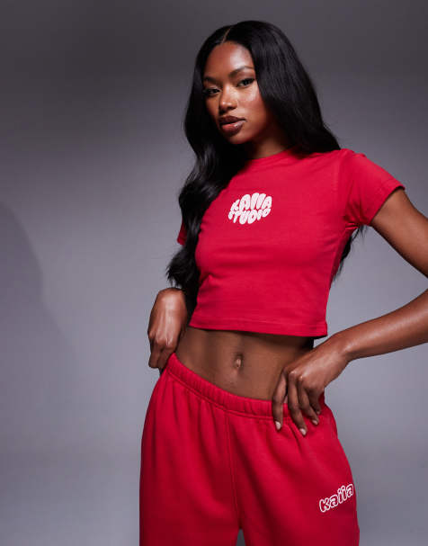 Kaiia - Studio - T-shirt court d'ensemble riche en coton à col montant - Rouge - view 1