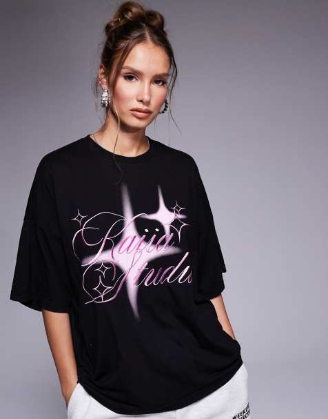 Kaiia - Studio - T-shirt met geborduurde grafische sterren in zwart en roze - view 1