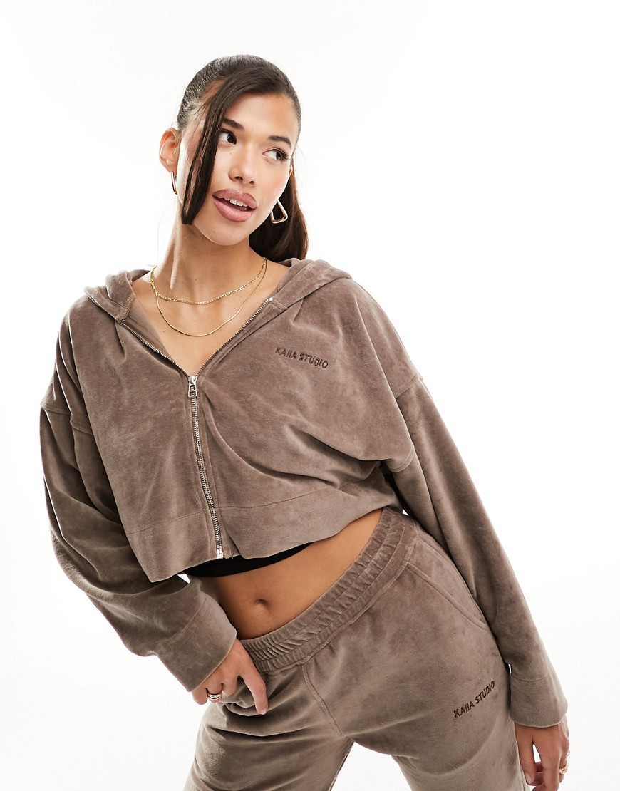 Kaiia studio towelling zip through cropped hoodie co-ord in brown