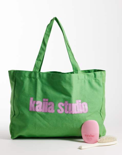 Kaiia – Studio – Zielono-różowa płócienna torba typu tote z logo - view 1