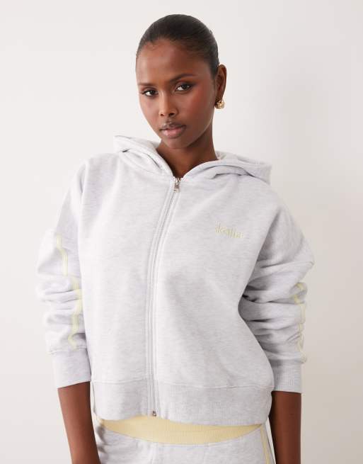 Kaiia cotton rich oversized zip through side stripe hoodie and foldover waistband joggers co-ord in grey marl & lemon, 2 de 3