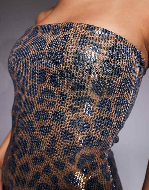 Kaiia – Sukienka maxi bodycon w panterkę z cekinami i dekoltem bandeau, 3 z 4