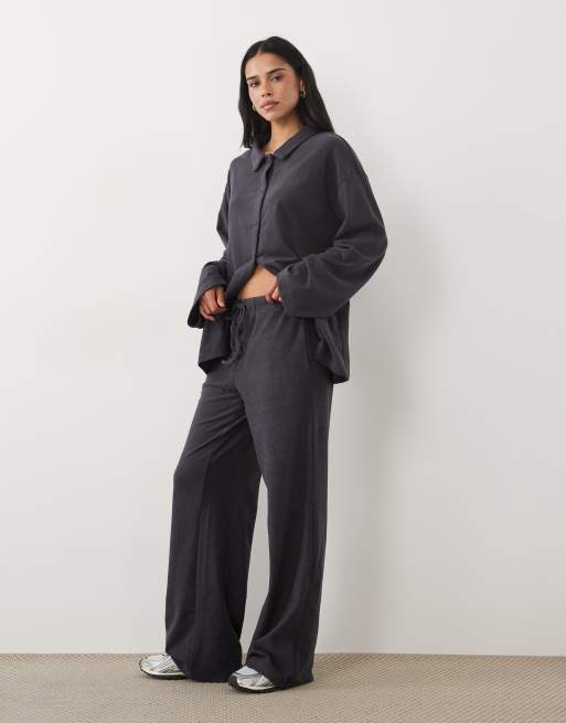 Kaiia oversized long sleeve button front super soft fleece shirt and pants set in navy and black stripes, 2 of 3