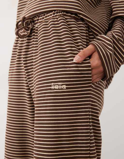 Kaiia super soft fleece wide leg lounge trousers co-ord in brown & cream stripe, 2 of 5