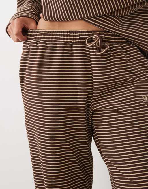 Kaiia super soft fleece wide leg lounge trousers co-ord in brown & cream stripe, 5 of 5