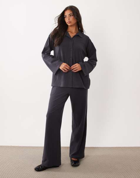 Kaiia super soft fleece wide leg lounge trousers co-ord in navy and black stripe - view 1