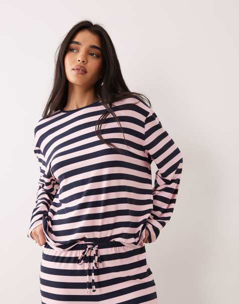 Kaiia super soft jersey crew neck oversized long sleeve top co-ord in navy and pink stripe - view 1