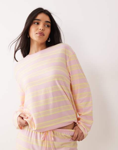 Kaiia super soft jersey crew neck oversized long sleeve top co-ord in pink and lemon stripe - view 1