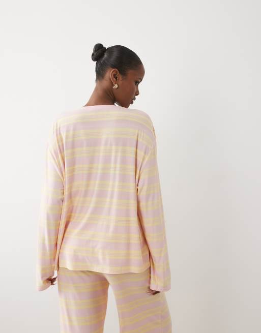 Kaiia super soft jersey crew neck oversized long sleeve top co-ord in pink and lemon stripe, 4 of 4