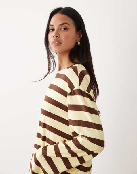 Kaiia super soft jersey crew neck oversized long sleeve top in lemon and chocolate stripe (Part of a set) - view 1