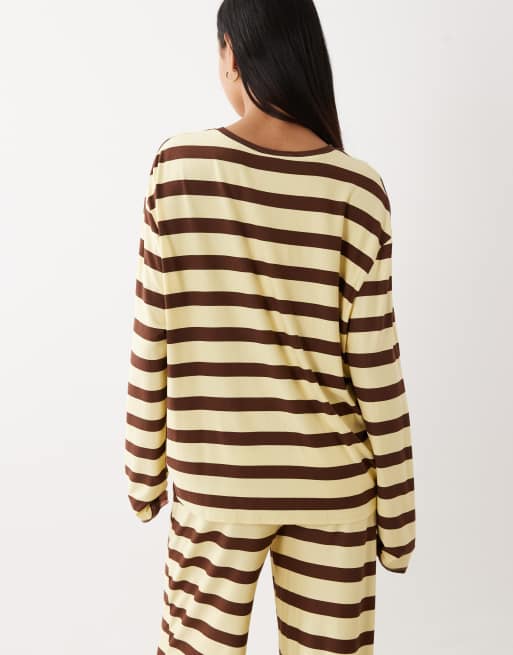 Kaiia super soft jersey crew neck oversized long sleeve top in lemon and chocolate stripe (Part of a set), 3 of 4