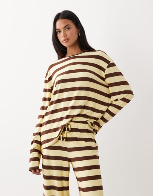 Kaiia super soft jersey crew neck oversized long sleeve top in lemon and chocolate stripe (Part of a set), 4 of 4