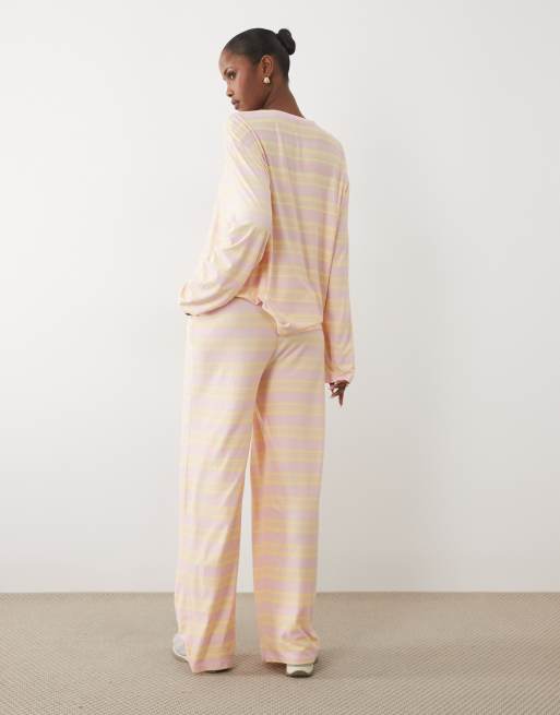 Kaiia super soft jersey drawstring trousers co-ord in pink and lemon stripe, 2 of 5